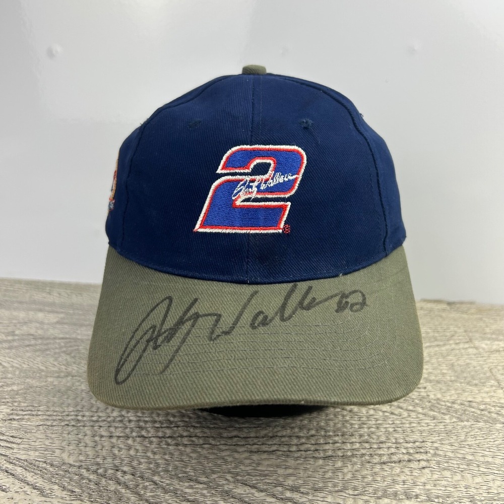 SIGNED Vintage Rusty Wallace Hat Cap Strap Back Adjustable Blue Nascar Adult